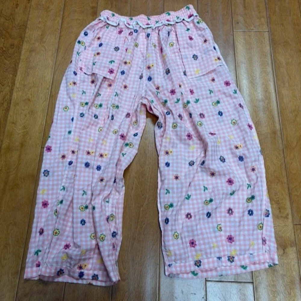 Womens Pink Gingham Floral Embroidered Wide Leg Pajama Pants *M Cottagecore Boho